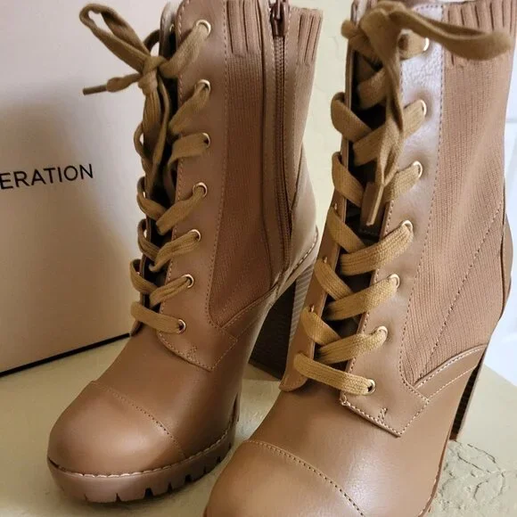 BCBGeneration Women's Brown 1-1/2" Platform Stretch Pila zip up boots Sz 7.5 NIB - Picture 3 of 8